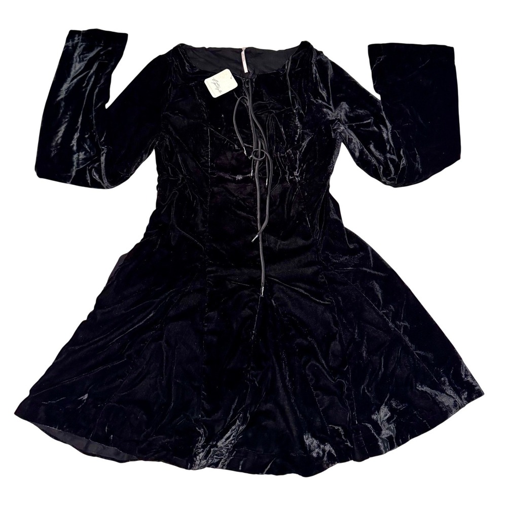 Free People Black Velvet Lace Up Mini Dress Long Sleeve Boho Size 2 OB102936333